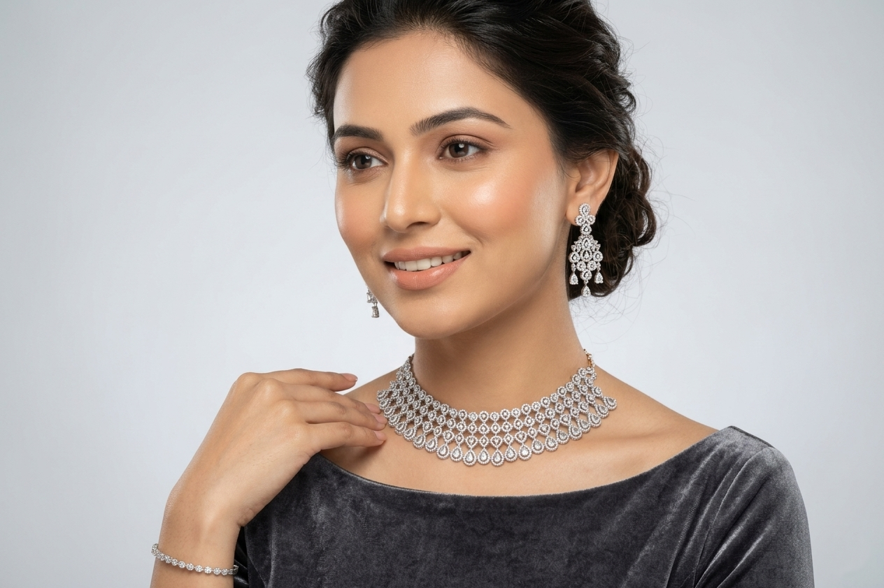 Elegant American Diamond Choker Necklace Set with Designer Earrings