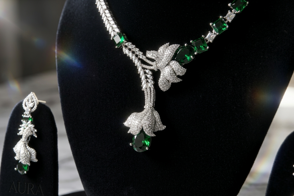 Luxury Emerald Green AD Necklace Set with Designer Earrings – Elegant Silver Finish Party & Bridal Jewellery