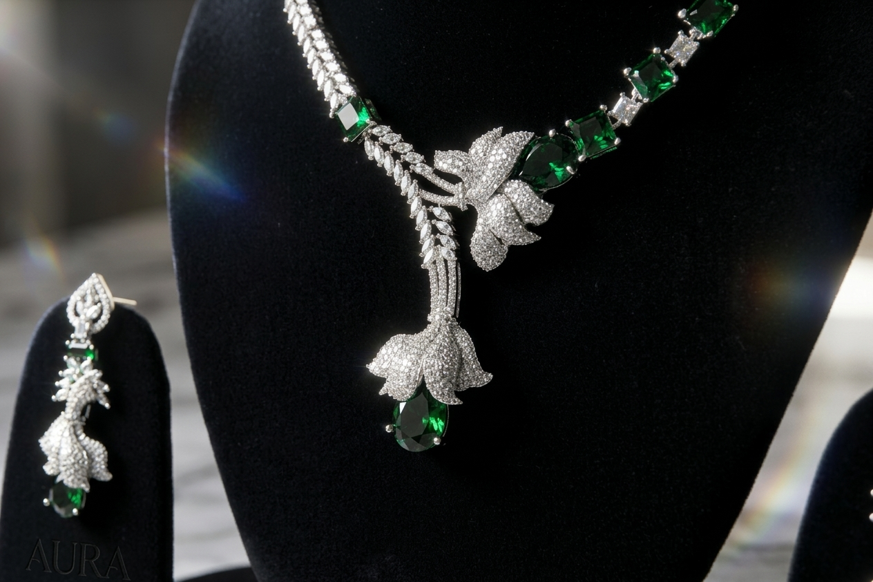 Luxury Emerald Green AD Necklace Set with Designer Earrings – Elegant Silver Finish Party & Bridal Jewellery