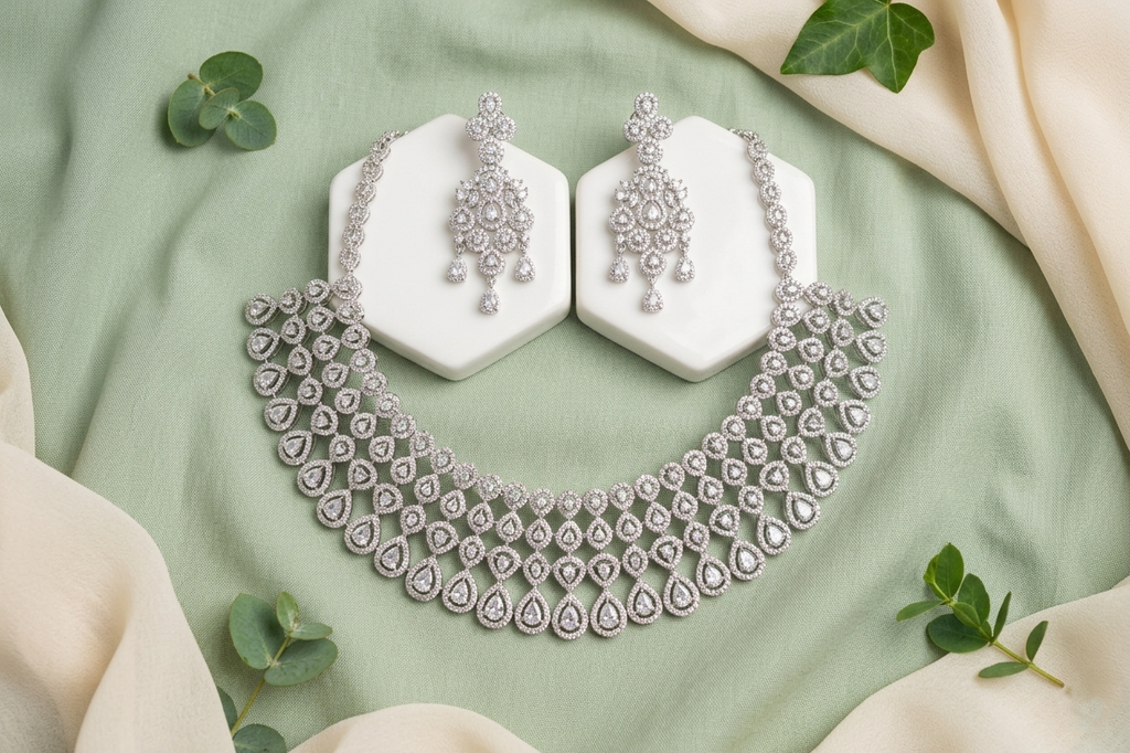 Elegant American Diamond Choker Necklace Set with Designer Earrings