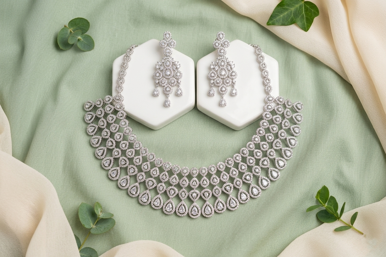 Elegant American Diamond Choker Necklace Set with Designer Earrings
