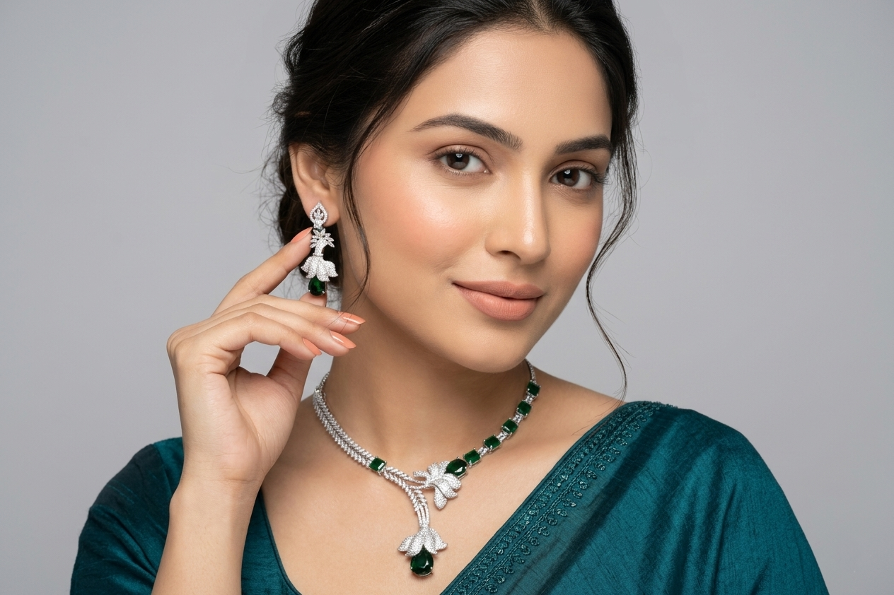 Luxury Emerald Green AD Necklace Set with Designer Earrings – Elegant Silver Finish Party & Bridal Jewellery