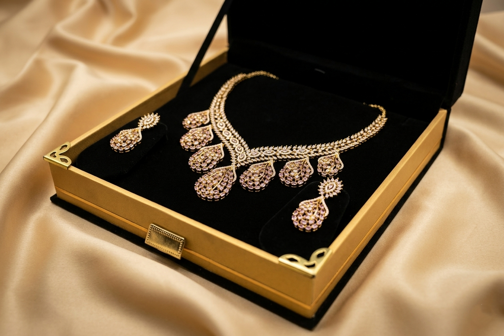Luxury AD Pink Stone Teardrop Necklace & Earring Set – Gold Plated American Diamond Bridal & Party Wear Jewellery