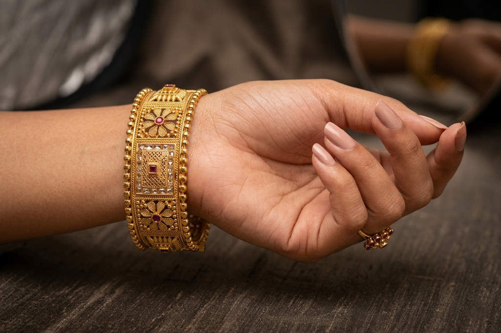 Antique Gold-Plated Rajwada Broad Kada with Ruby Stone Accents