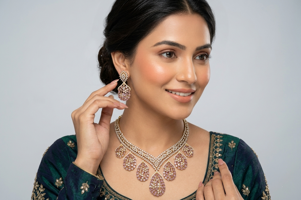 Luxury AD Pink Stone Teardrop Necklace & Earring Set – Gold Plated American Diamond Bridal & Party Wear Jewellery