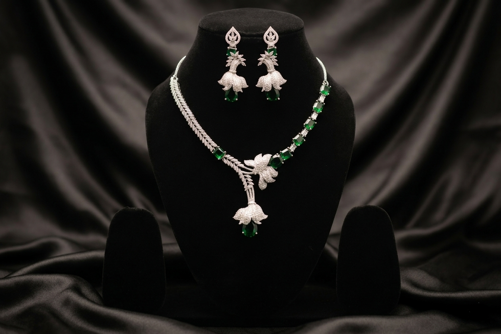 Luxury Emerald Green AD Necklace Set with Designer Earrings – Elegant Silver Finish Party & Bridal Jewellery