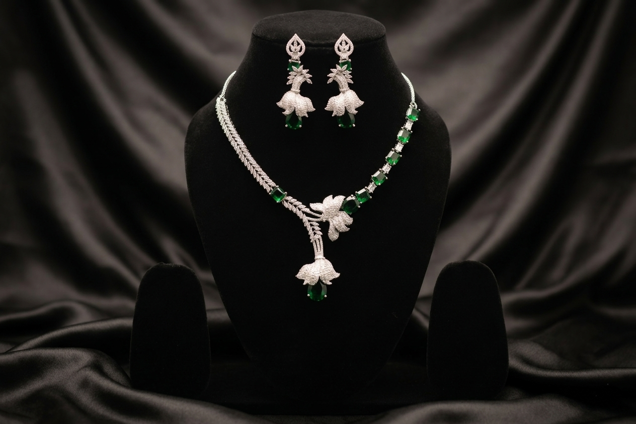 Luxury Emerald Green AD Necklace Set with Designer Earrings – Elegant Silver Finish Party & Bridal Jewellery