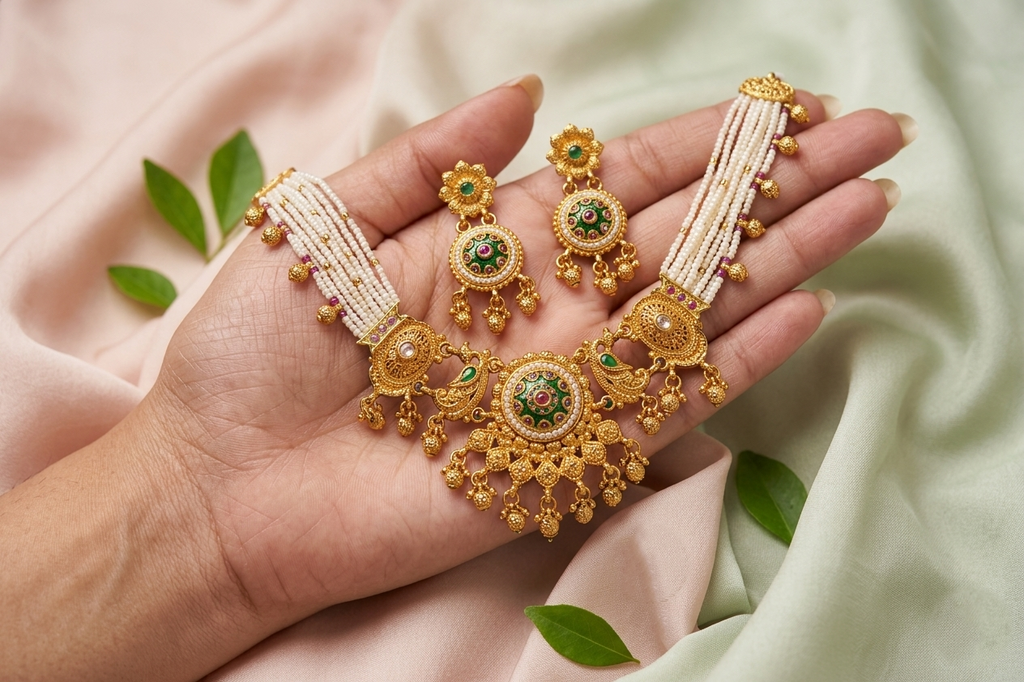 Royal Temple Pearl Necklace Set with Green & Ruby Stones in Antique Gold Finish