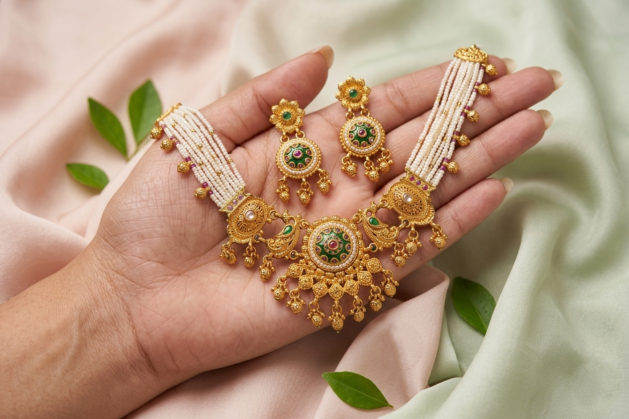 Royal Temple Pearl Necklace Set with Green & Ruby Stones in Antique Gold Finish
