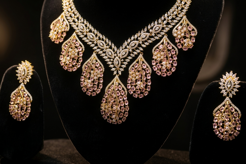 Luxury AD Pink Stone Teardrop Necklace & Earring Set – Gold Plated American Diamond Bridal & Party Wear Jewellery