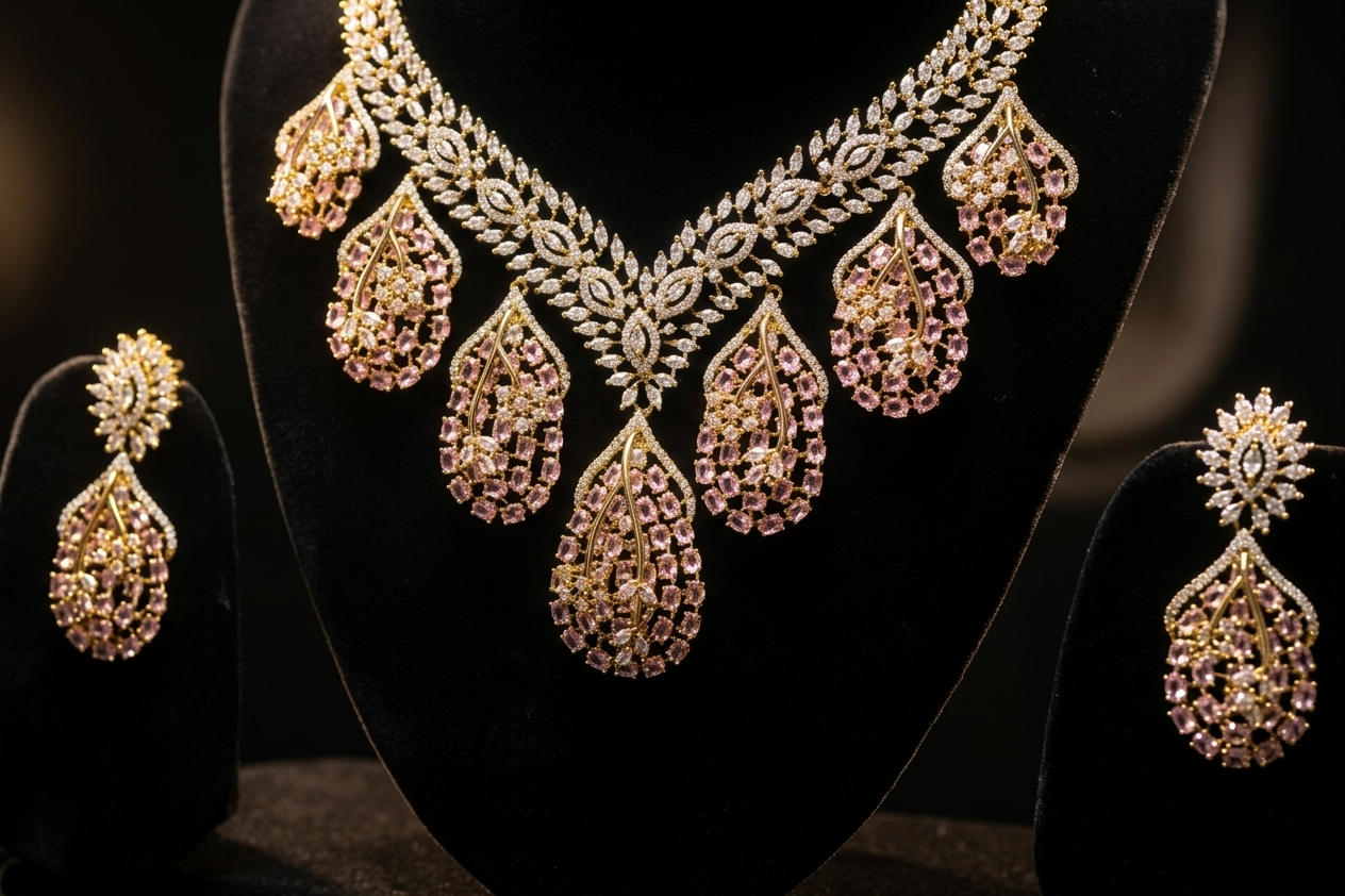 Luxury AD Pink Stone Teardrop Necklace & Earring Set – Gold Plated American Diamond Bridal & Party Wear Jewellery