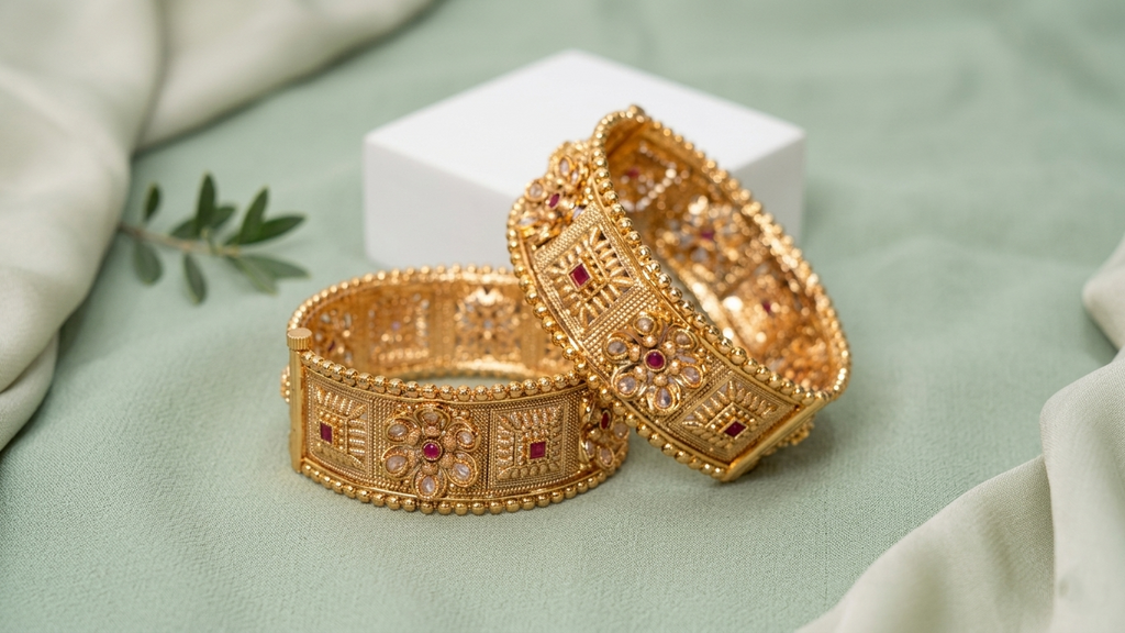 Antique Gold-Plated Broad Floral Kangan with Ruby Accents