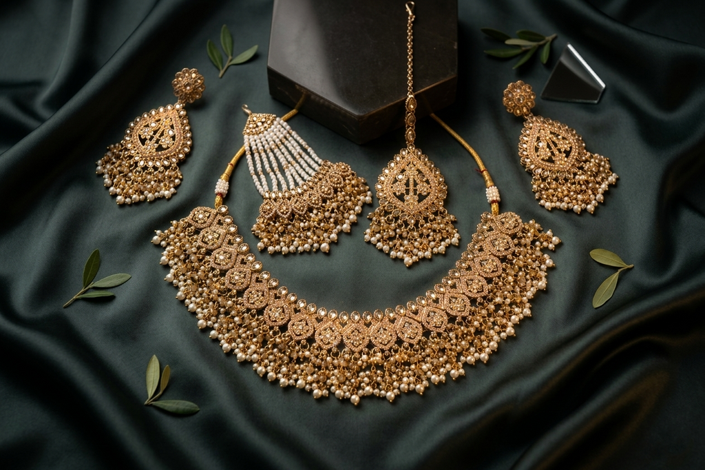White Pearl Guchha Choker Set with Earrings, Tikka, and Jhumar (Passa)