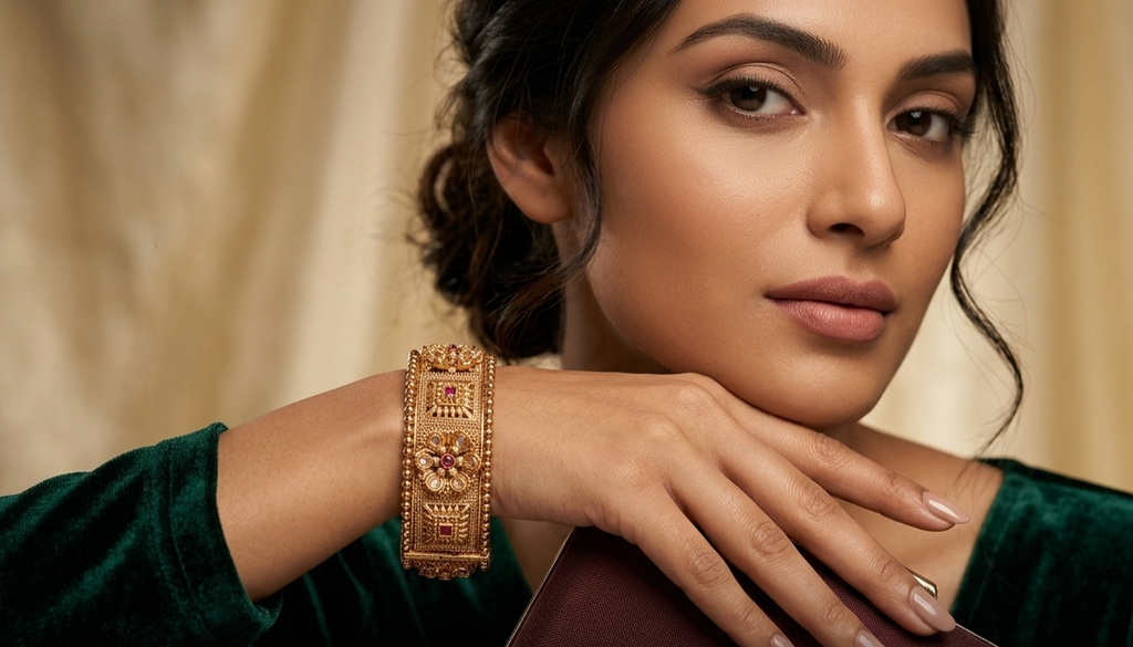 Antique Gold-Plated Broad Floral Kangan with Ruby Accents