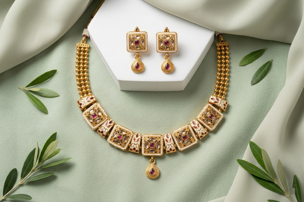 Geometric Crimson Kundan Set with Triple-Layer Beaded Chain