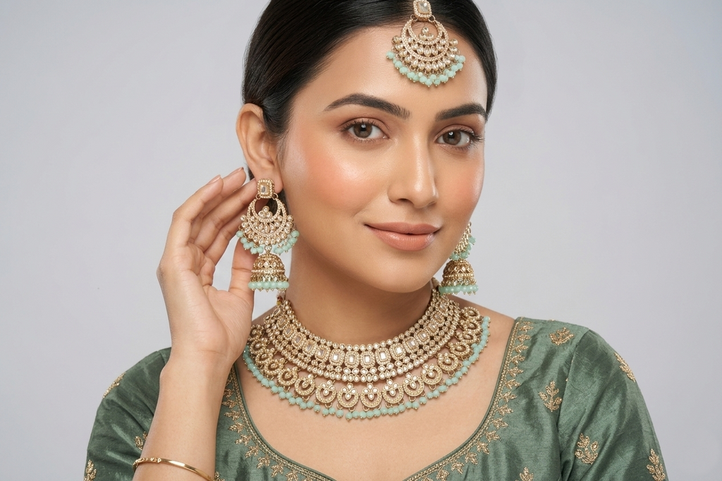 Designer Polki-Style Choker Necklace Set with Jhumka and Maang Tikka