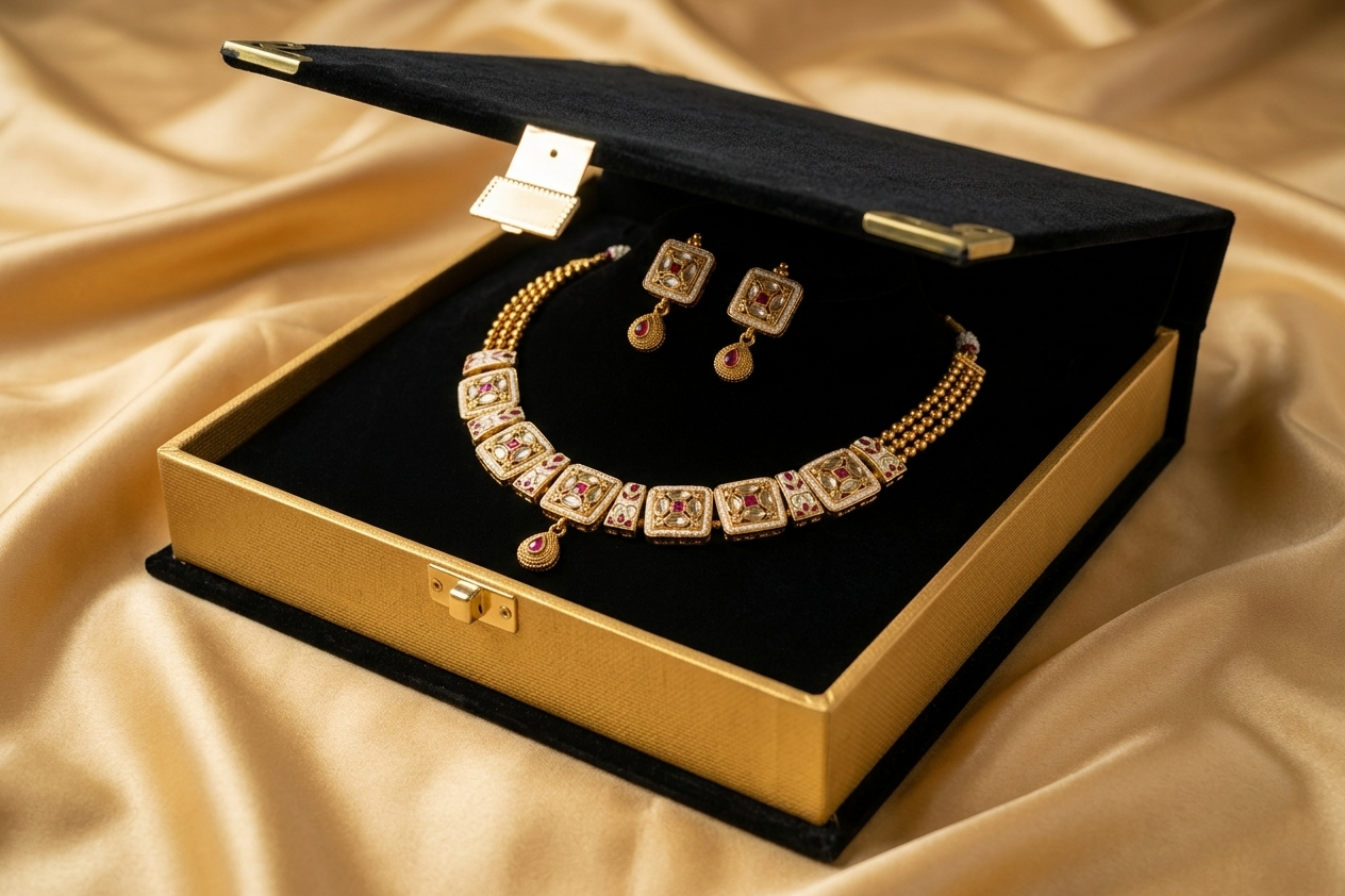 Geometric Crimson Kundan Set with Triple-Layer Beaded Chain