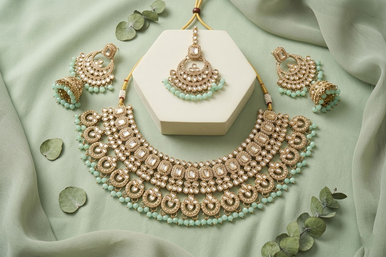 Designer Polki-Style Choker Necklace Set with Jhumka and Maang Tikka