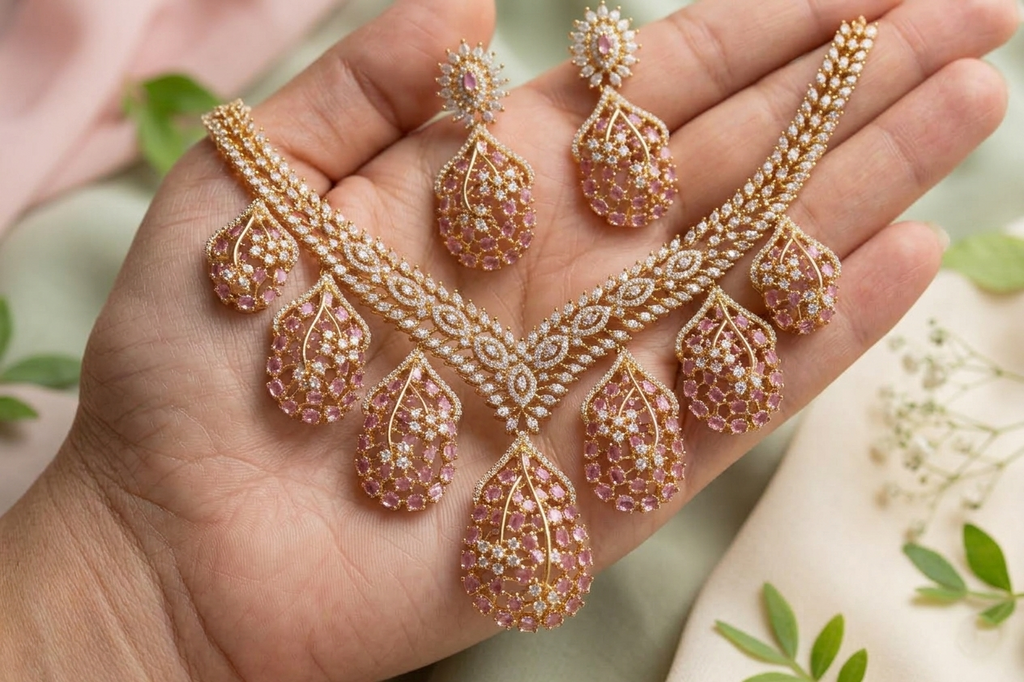 Luxury AD Pink Stone Teardrop Necklace & Earring Set – Gold Plated American Diamond Bridal & Party Wear Jewellery