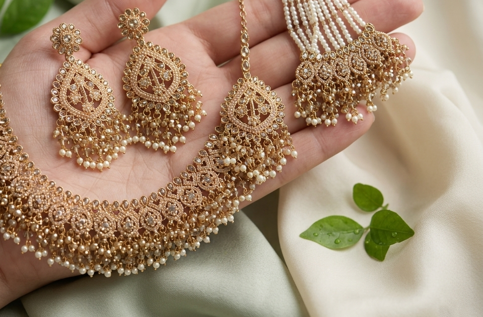 White Pearl Guchha Choker Set with Earrings, Tikka, and Jhumar (Passa)