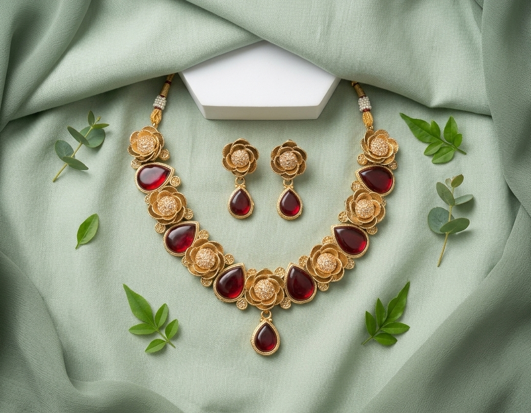 Royal Polki Necklace Set with Ruby-Colored Stones – Bridal Gold-Tone Jewelry Set with Earrings