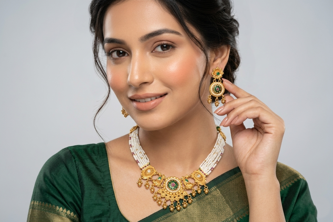 Royal Temple Pearl Necklace Set with Green & Ruby Stones in Antique Gold Finish