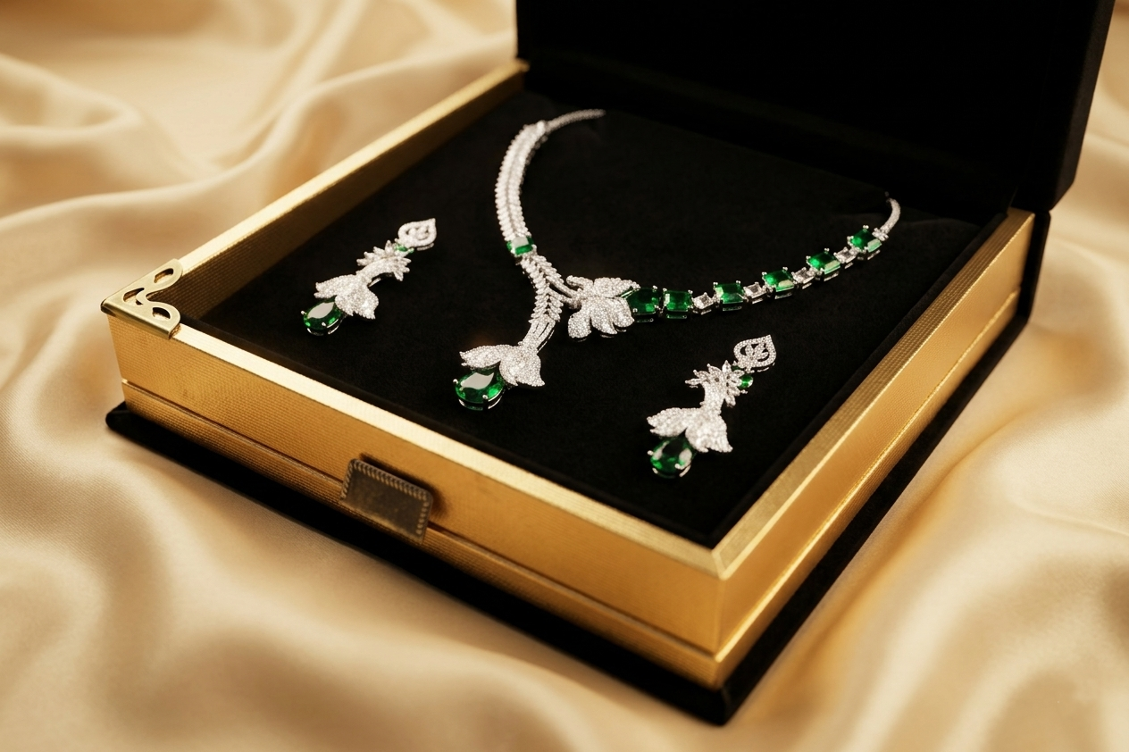 Luxury Emerald Green AD Necklace Set with Designer Earrings – Elegant Silver Finish Party & Bridal Jewellery