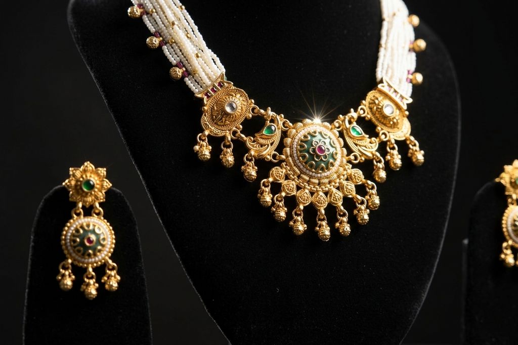 Royal Temple Pearl Necklace Set with Green & Ruby Stones in Antique Gold Finish