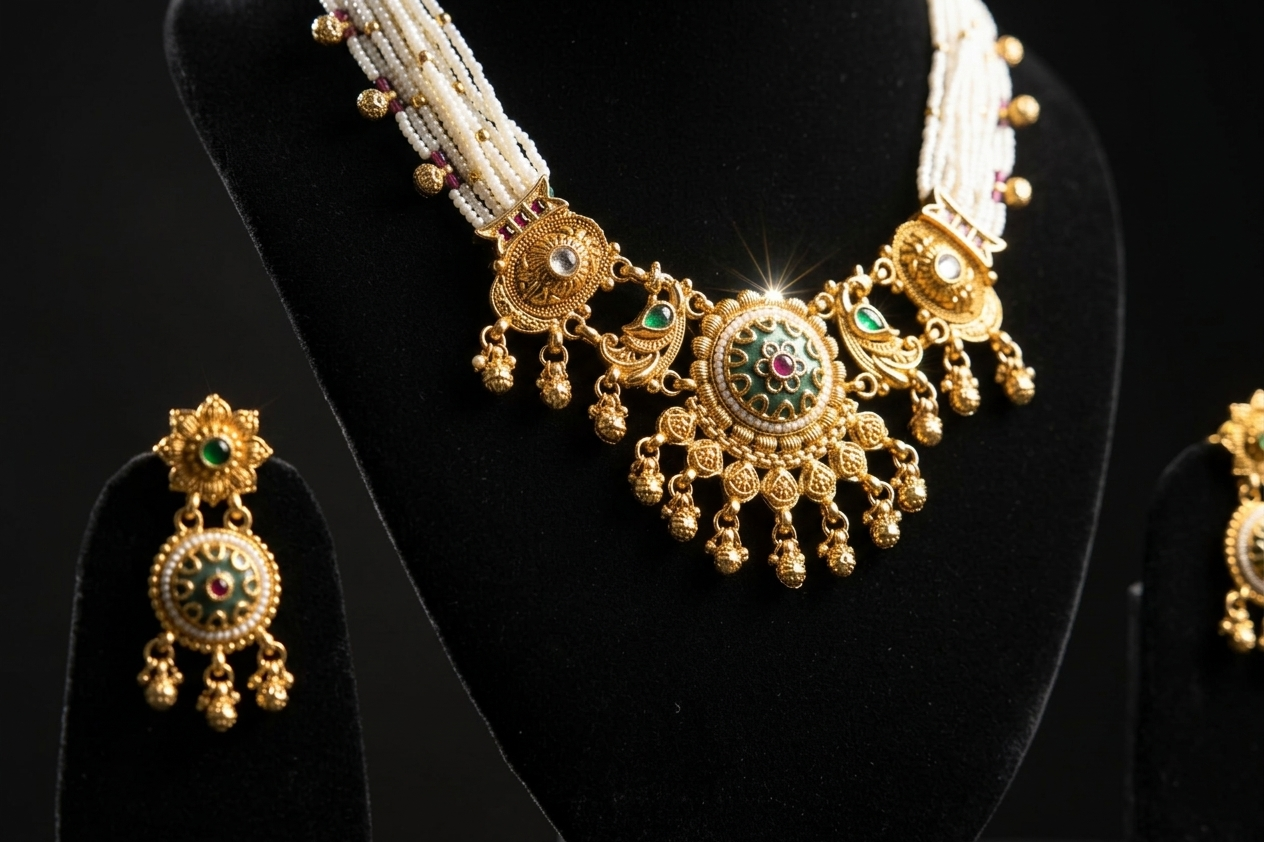 Royal Temple Pearl Necklace Set with Green & Ruby Stones in Antique Gold Finish