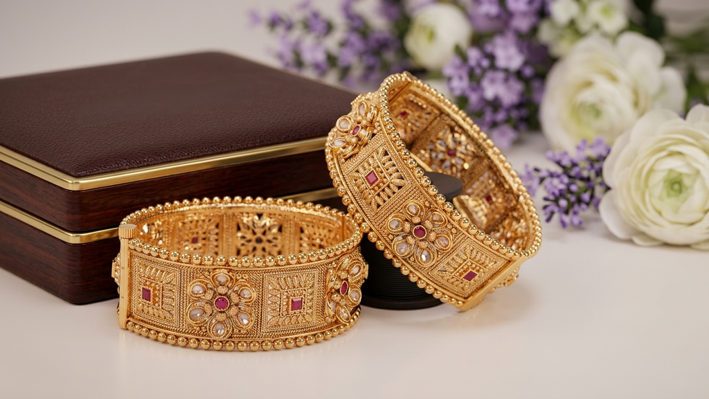 Antique Gold-Plated Broad Floral Kangan with Ruby Accents