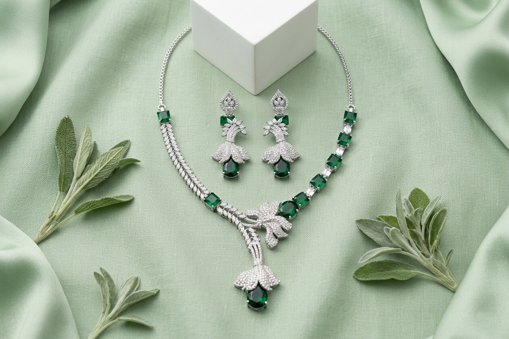 Luxury Emerald Green AD Necklace Set with Designer Earrings – Elegant Silver Finish Party & Bridal Jewellery