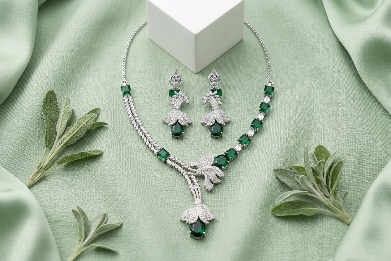 Luxury Emerald Green AD Necklace Set with Designer Earrings – Elegant Silver Finish Party & Bridal Jewellery