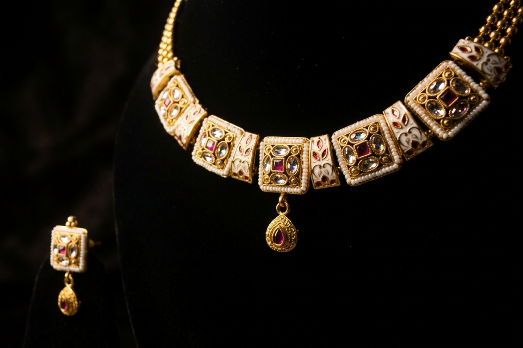 Geometric Crimson Kundan Set with Triple-Layer Beaded Chain