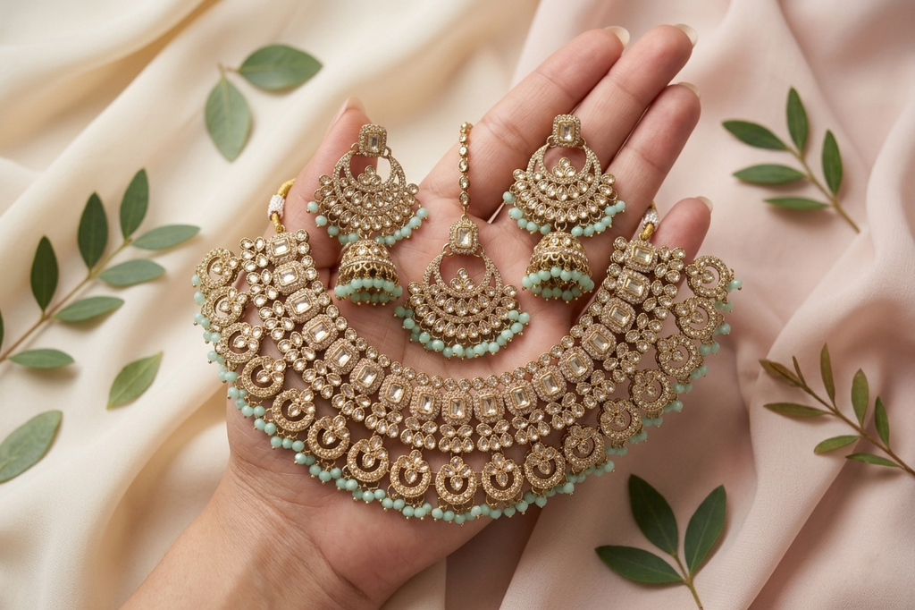 Designer Polki-Style Choker Necklace Set with Jhumka and Maang Tikka