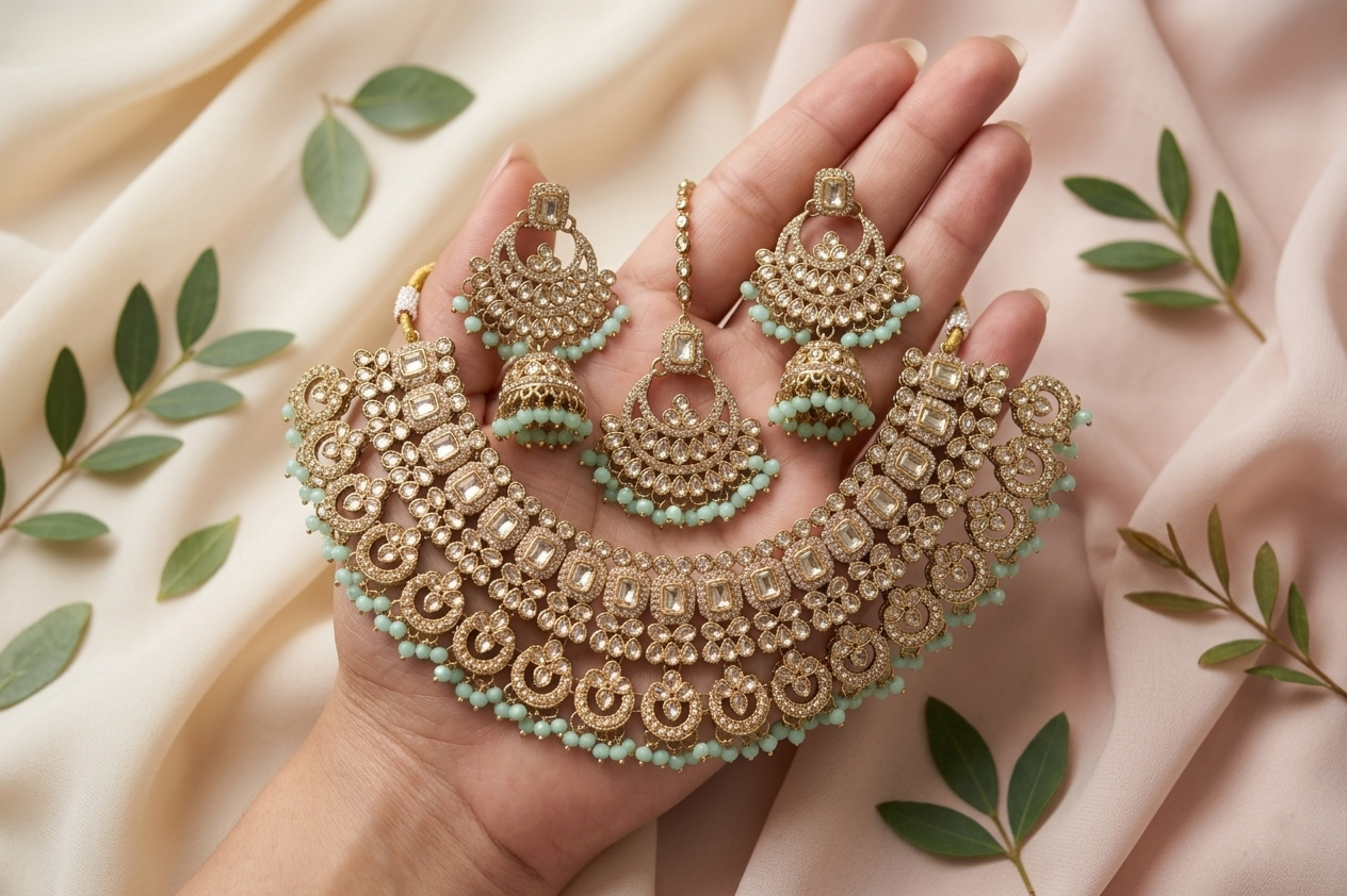 Designer Polki-Style Choker Necklace Set with Jhumka and Maang Tikka