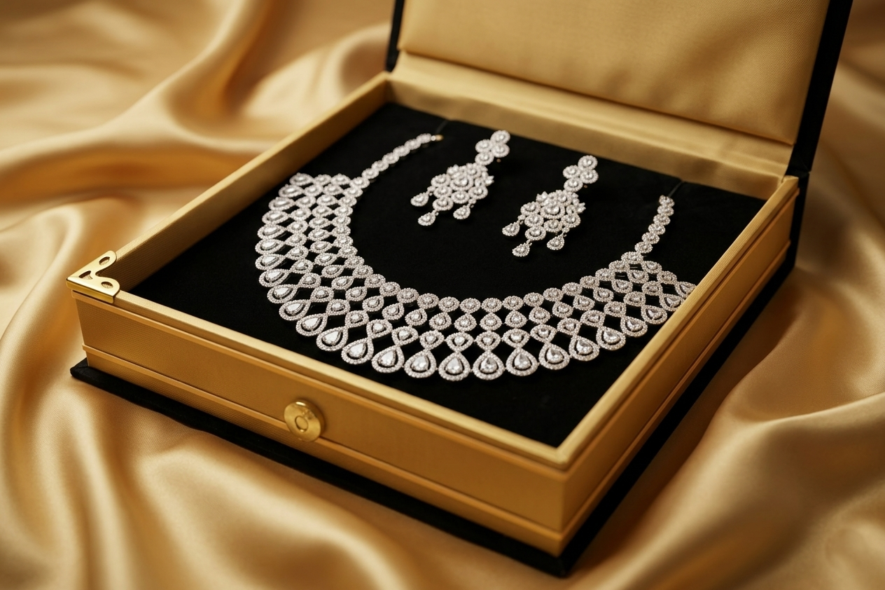 Elegant American Diamond Choker Necklace Set with Designer Earrings