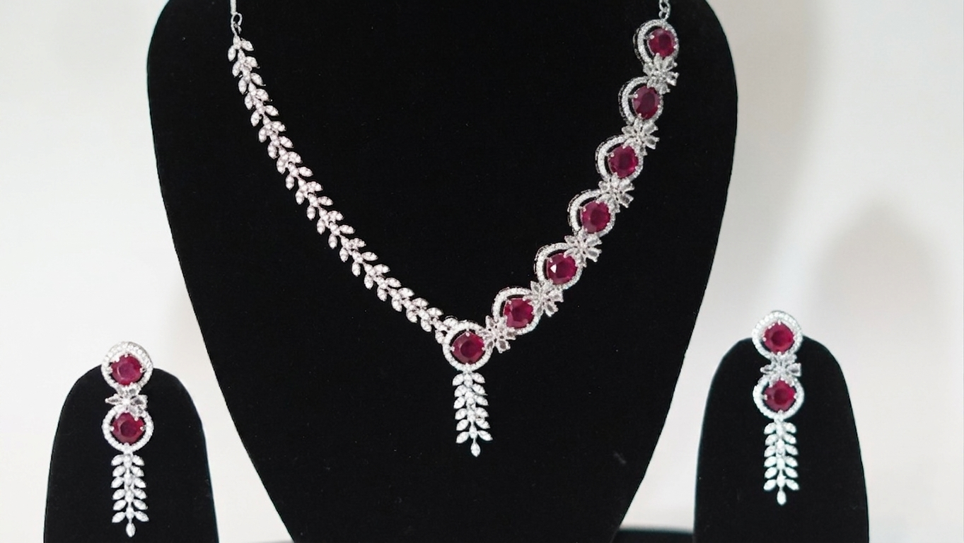 Silver-Plated Mint Green and Pink Stone AD Necklace with Earrings