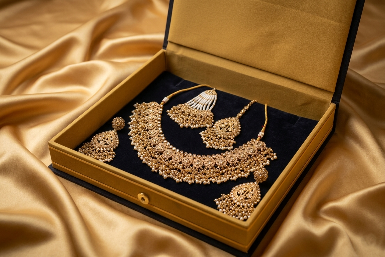 White Pearl Guchha Choker Set with Earrings, Tikka, and Jhumar (Passa)