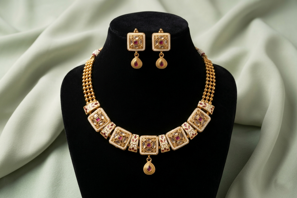Geometric Crimson Kundan Set with Triple-Layer Beaded Chain