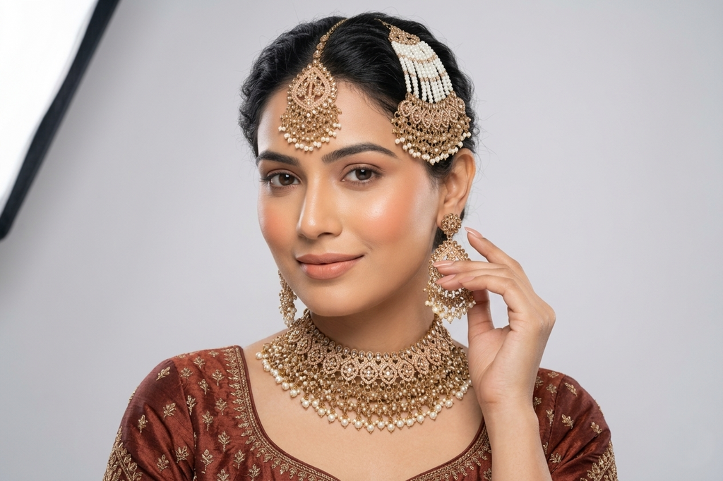 White Pearl Guchha Choker Set with Earrings, Tikka, and Jhumar (Passa)