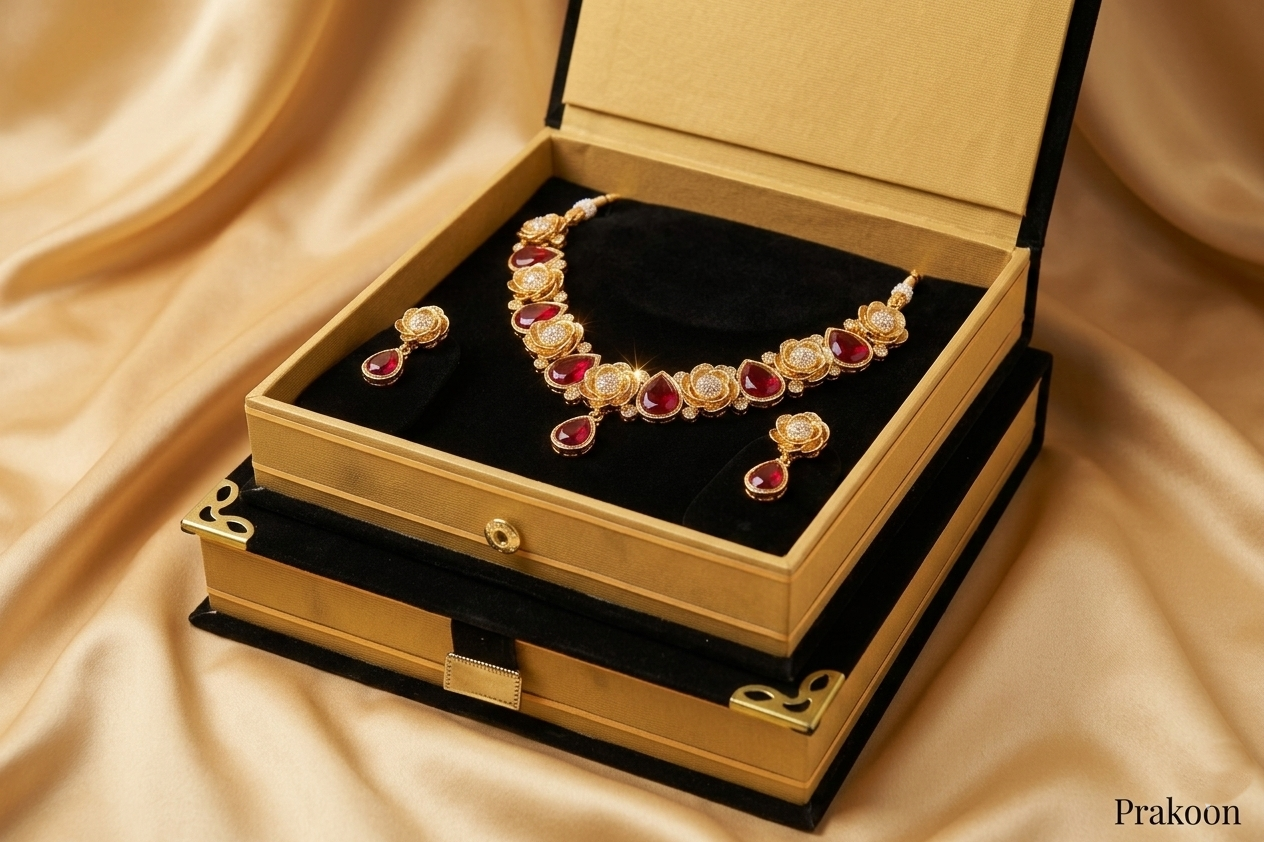 Royal Polki Necklace Set with Ruby-Colored Stones – Bridal Gold-Tone Jewelry Set with Earrings