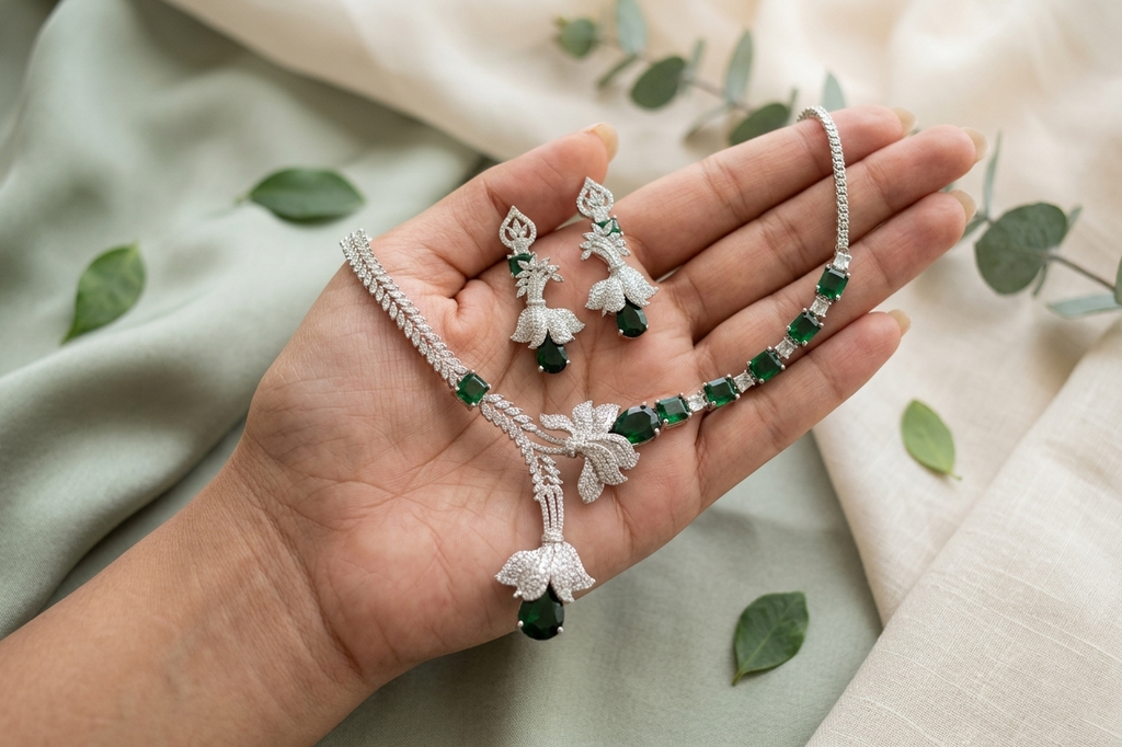 Luxury Emerald Green AD Necklace Set with Designer Earrings – Elegant Silver Finish Party & Bridal Jewellery
