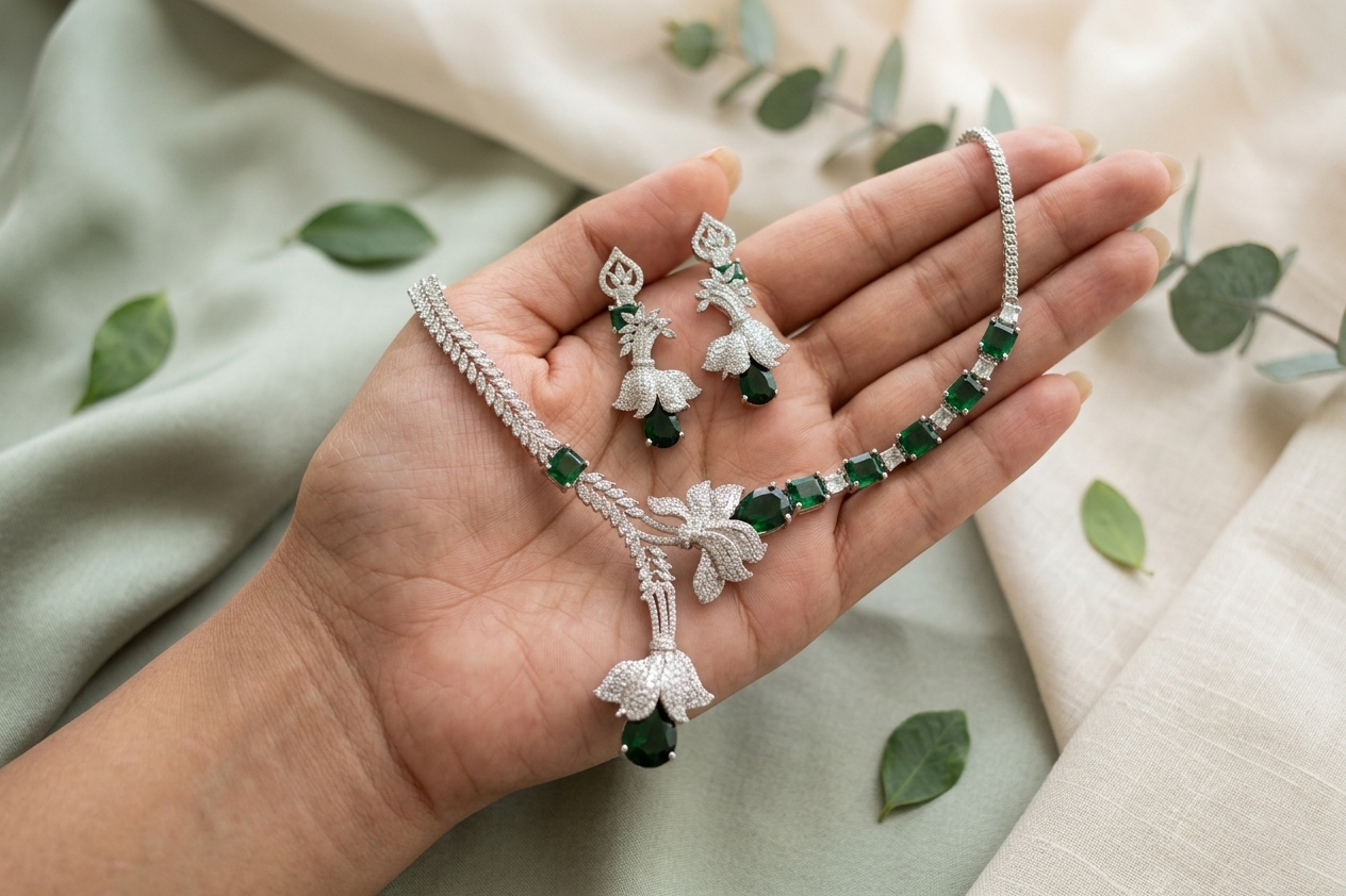 Luxury Emerald Green AD Necklace Set with Designer Earrings – Elegant Silver Finish Party & Bridal Jewellery