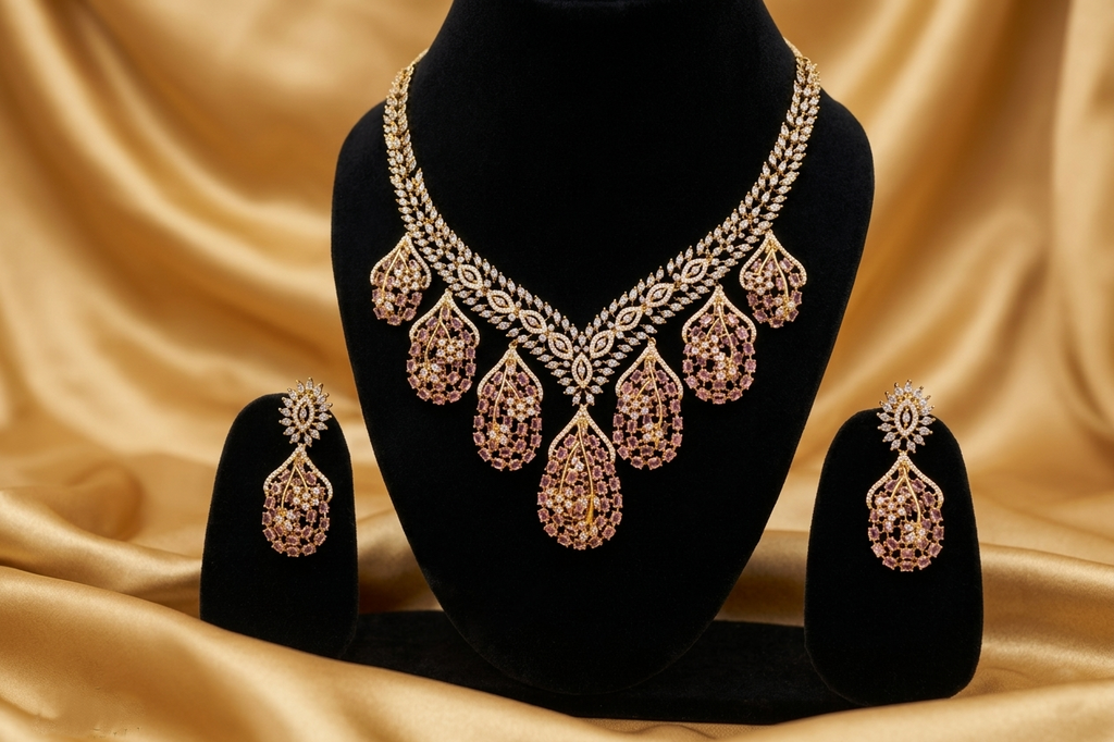 Luxury AD Pink Stone Teardrop Necklace & Earring Set – Gold Plated American Diamond Bridal & Party Wear Jewellery