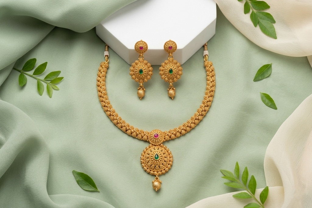 Golden Flora Medallion Necklace Set
