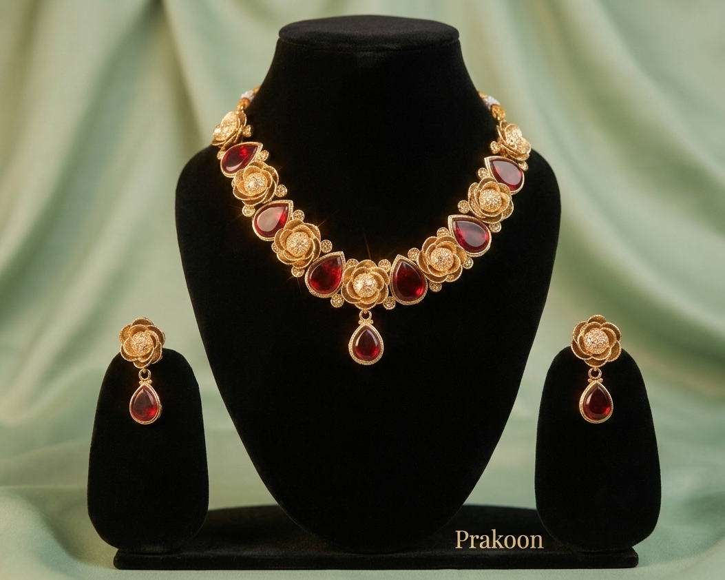 Royal Polki Necklace Set with Ruby-Colored Stones – Bridal Gold-Tone Jewelry Set with Earrings