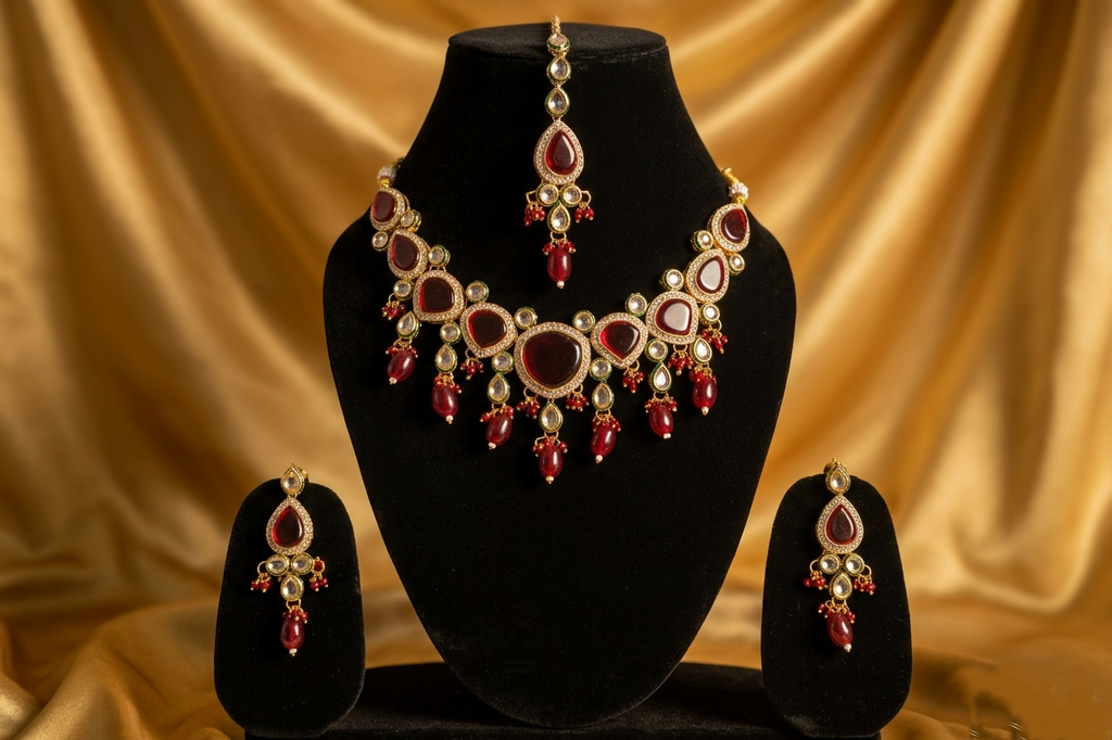 The Royal Maroon Monalisa Kundan Set – Necklace, Earrings & Maang Tikka