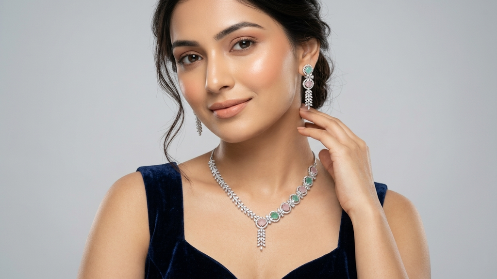 Silver-Plated Mint Green and Pink Stone AD Necklace with Earrings