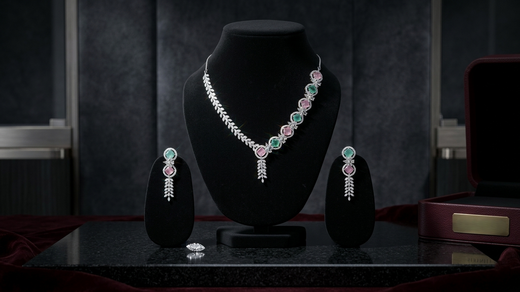 Silver-Plated Mint Green and Pink Stone AD Necklace with Earrings