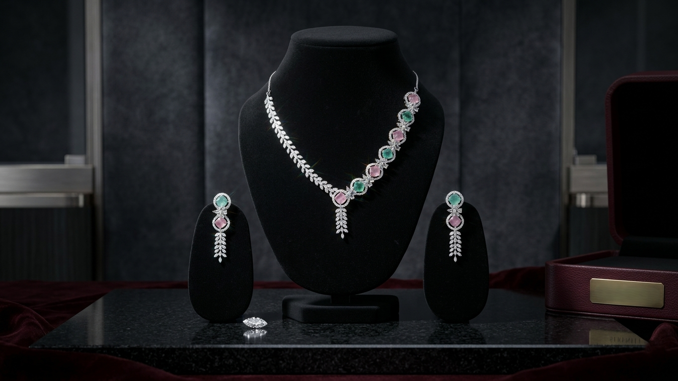 Silver-Plated Mint Green and Pink Stone AD Necklace with Earrings
